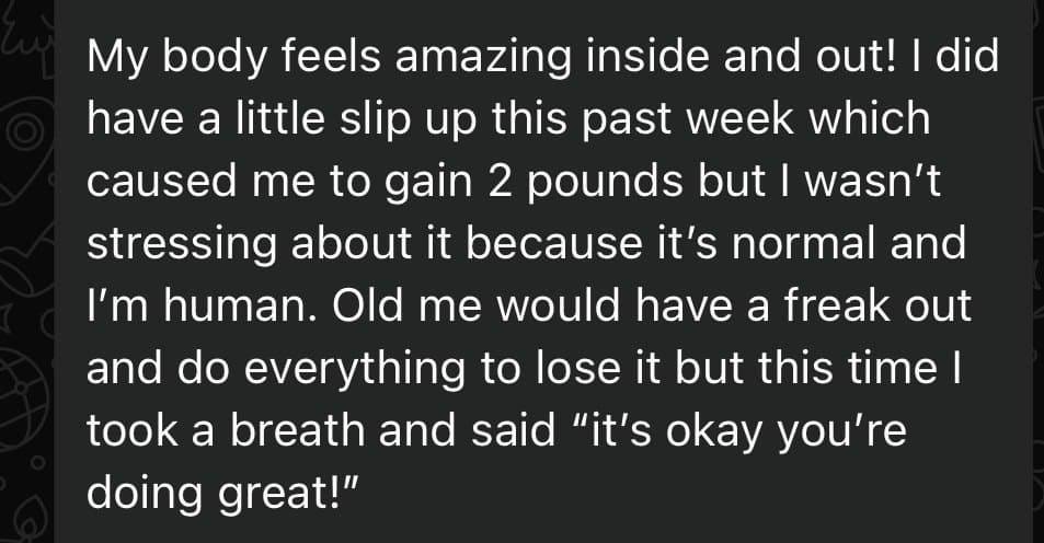 1on1 client check-in: “My body feels amazing inside and out!”